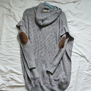 Retro Gray Cowl Neck Sweater with Brown Patches